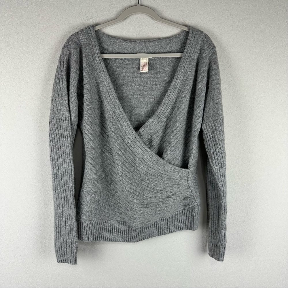 Sundance Gray Ribbed Surplice Cashmere Wool Angora Rabbit Hair Sweater Large